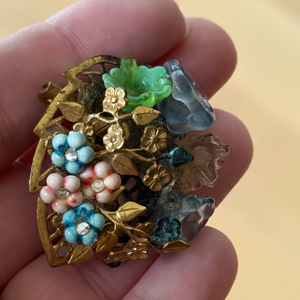 VERY RARE Early Miriam Haskell Gold and Blue Floral Brooch Vintage Jewelry Pink